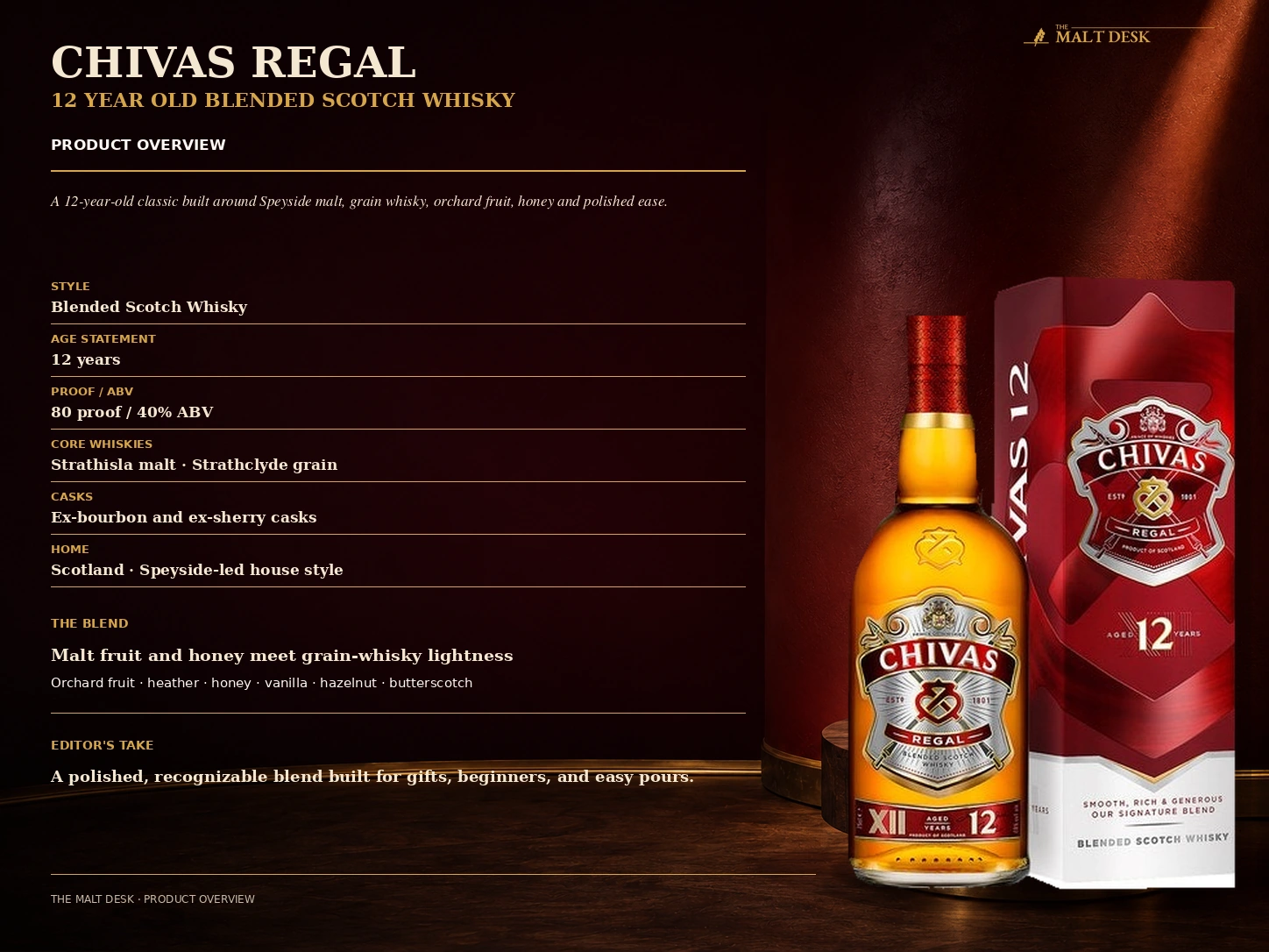 Chivas Regal 12 year old blended Scotch whisky product overview with age, ABV and blend details