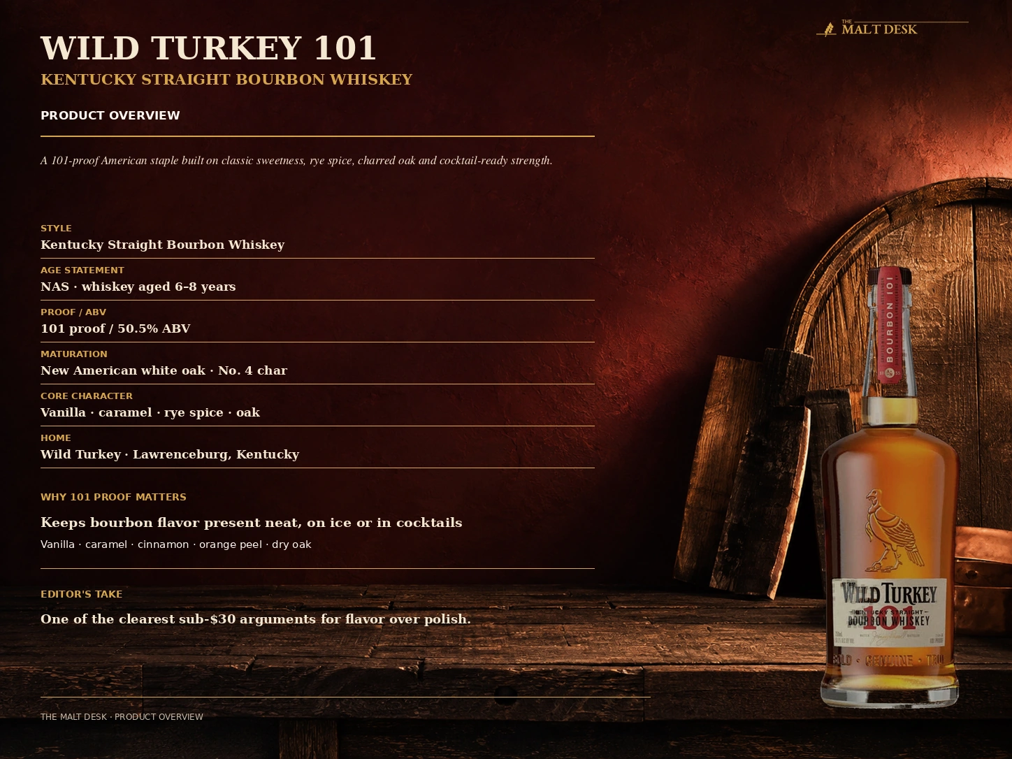 Wild Turkey 101 product overview with 101 proof, Kentucky straight bourbon style and six-to-eight-year aging range