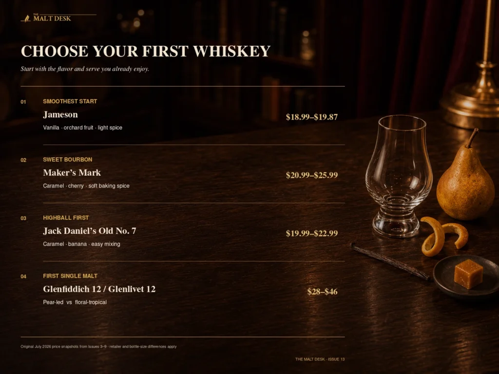 Beginner whiskey selection guide comparing a smooth start sweet bourbon highball whiskey and first single malt