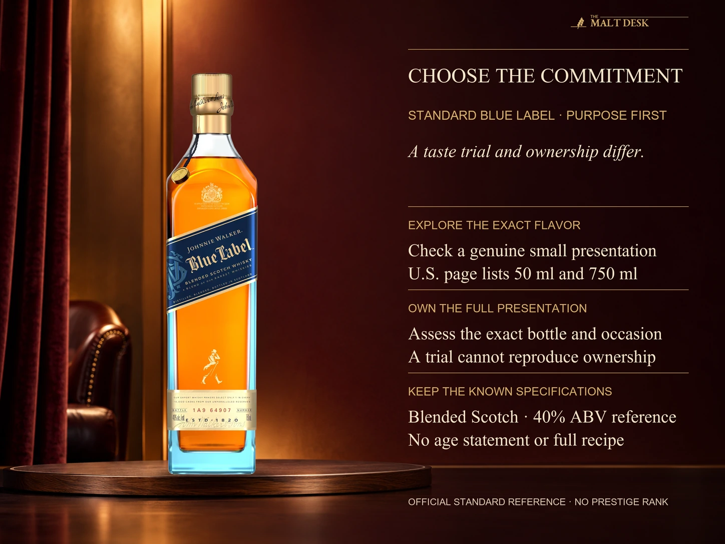 Official standard Johnnie Walker Blue Label full-front bottle beside the current article's distinction between a flavor trial and owning the full presentation. The U.S. producer lists fifty and seven hundred fifty millilitre options; check local stock and costs. Blended Scotch at a forty-percent reference has no stated age or disclosed complete recipe. A premium position is not a flavor ranking or a hidden minimum age.