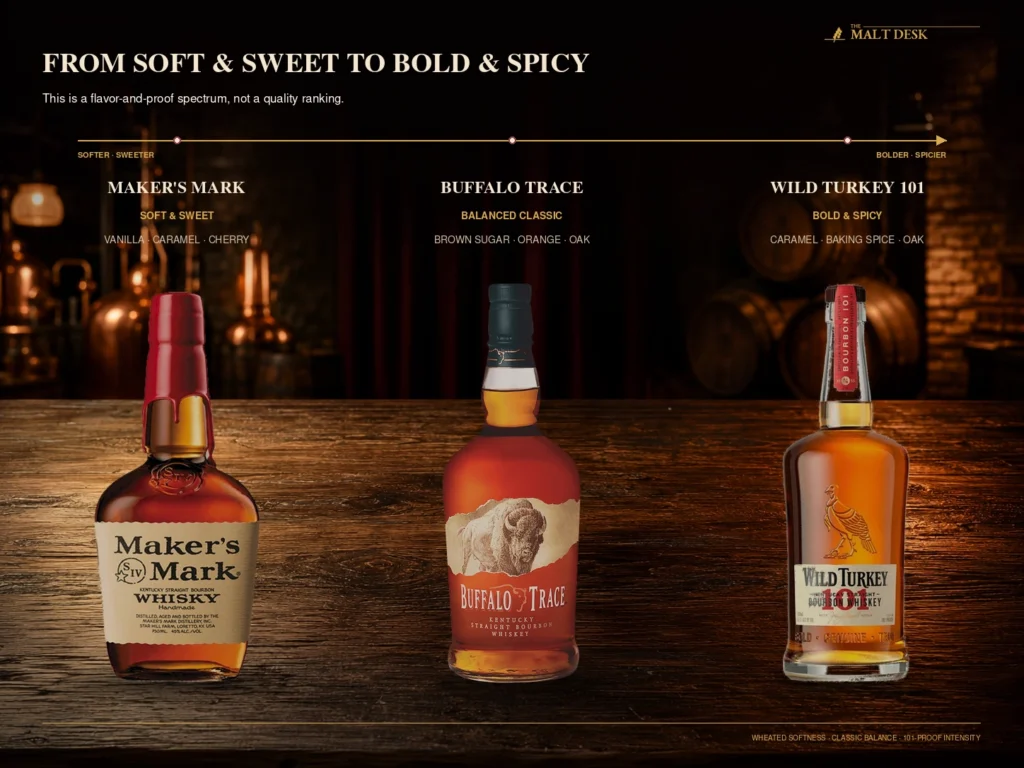 Flavor spectrum comparing Maker's Mark, Buffalo Trace and Wild Turkey 101 from soft and sweet to bold and spicy