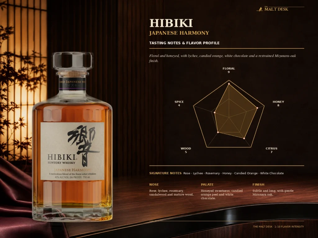 Hibiki Japanese Harmony tasting notes radar for floral honey citrus wood and spice