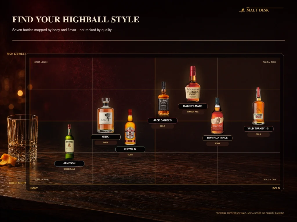 Preference map comparing seven highball whiskeys from light and crisp to bold and sweet