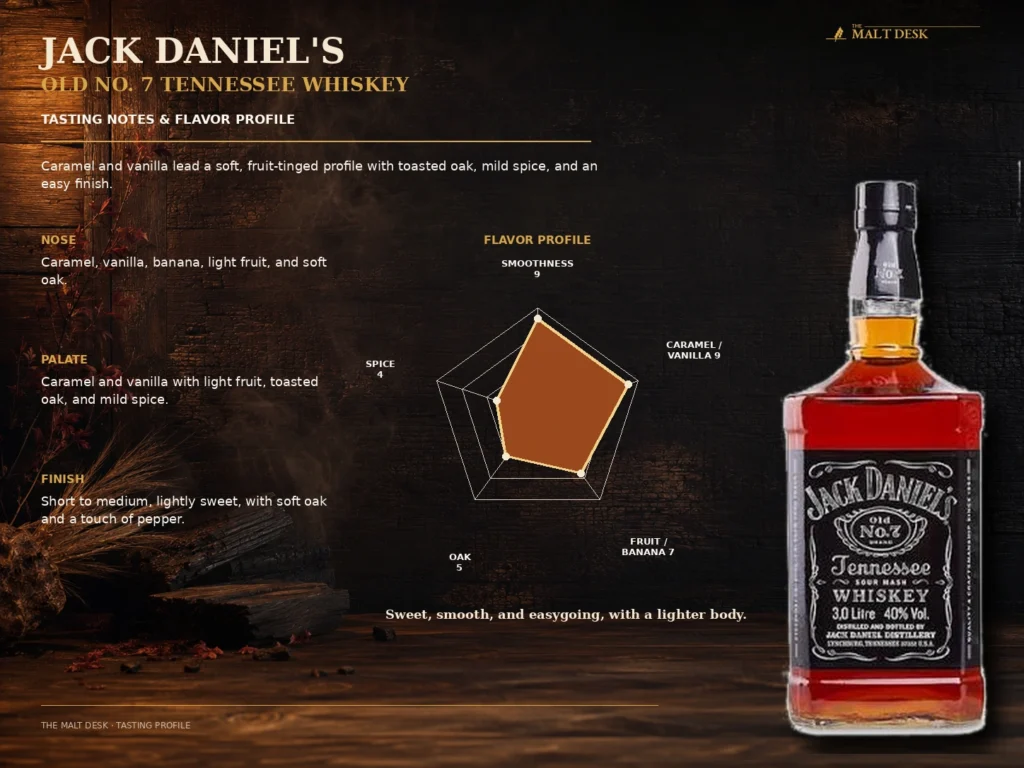 Jack Daniel's Old No. 7 tasting notes and flavor profile with caramel, vanilla, banana, oak, and spice