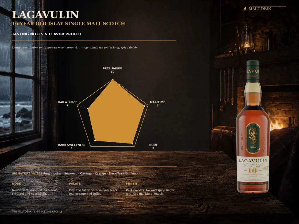 Lagavulin 16 tasting notes and radar profile for peat smoke, maritime character, body, sweetness and spice