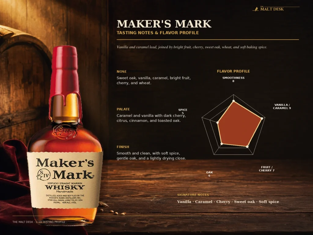 Maker's Mark tasting notes and flavor profile with vanilla, caramel, cherry, sweet oak, and soft spice