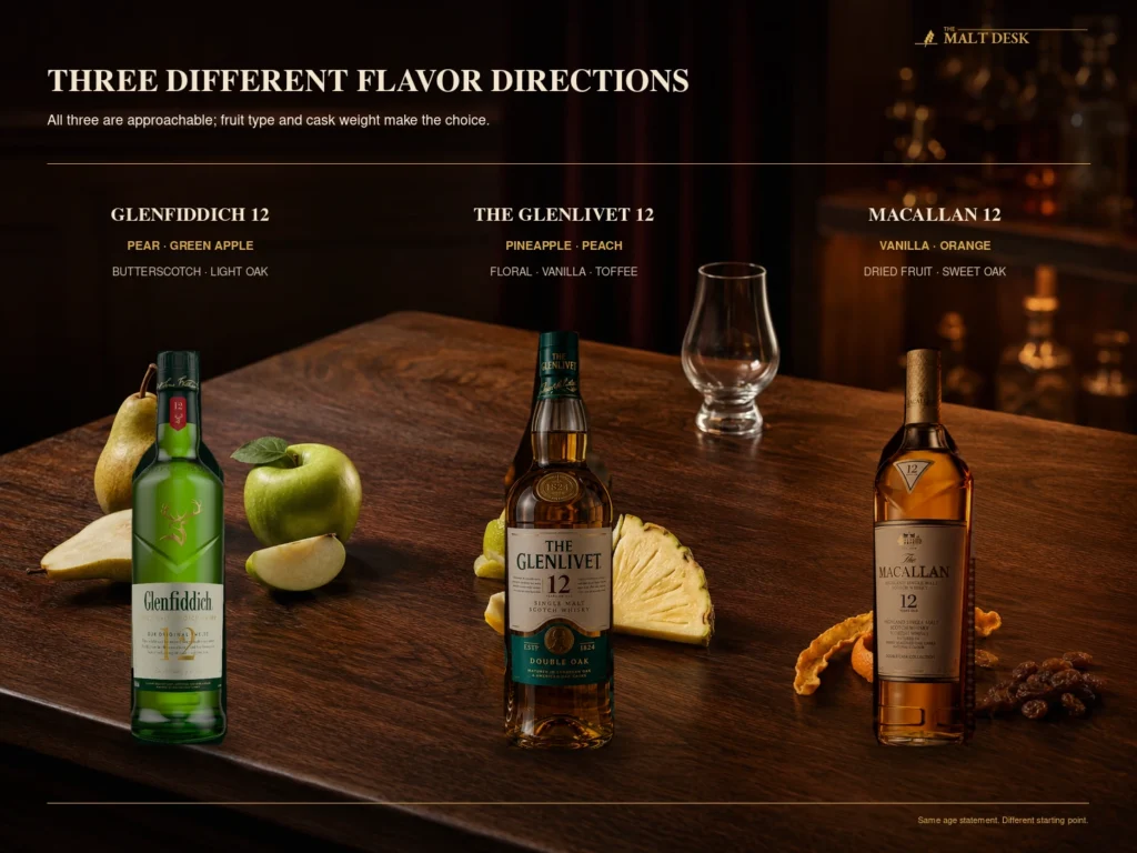 Flavor comparison of Glenfiddich 12, The Glenlivet 12 and Macallan 12 with orchard fruit, tropical fruit and sherry notes