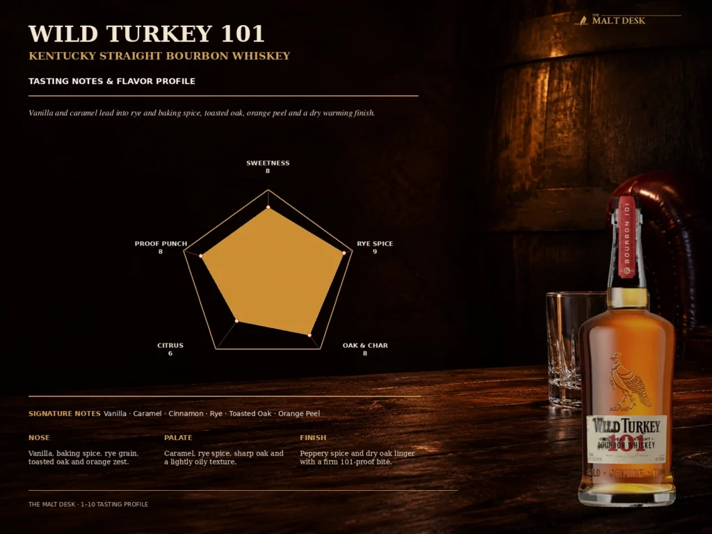 Wild Turkey 101 tasting notes and radar profile for sweetness, rye spice, oak, citrus and proof punch