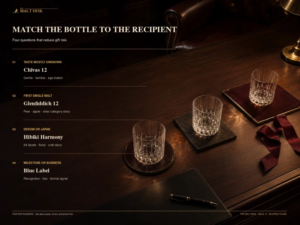 Whiskey gift guide matching bottles to beginners, design-focused recipients, business gifts and enthusiasts