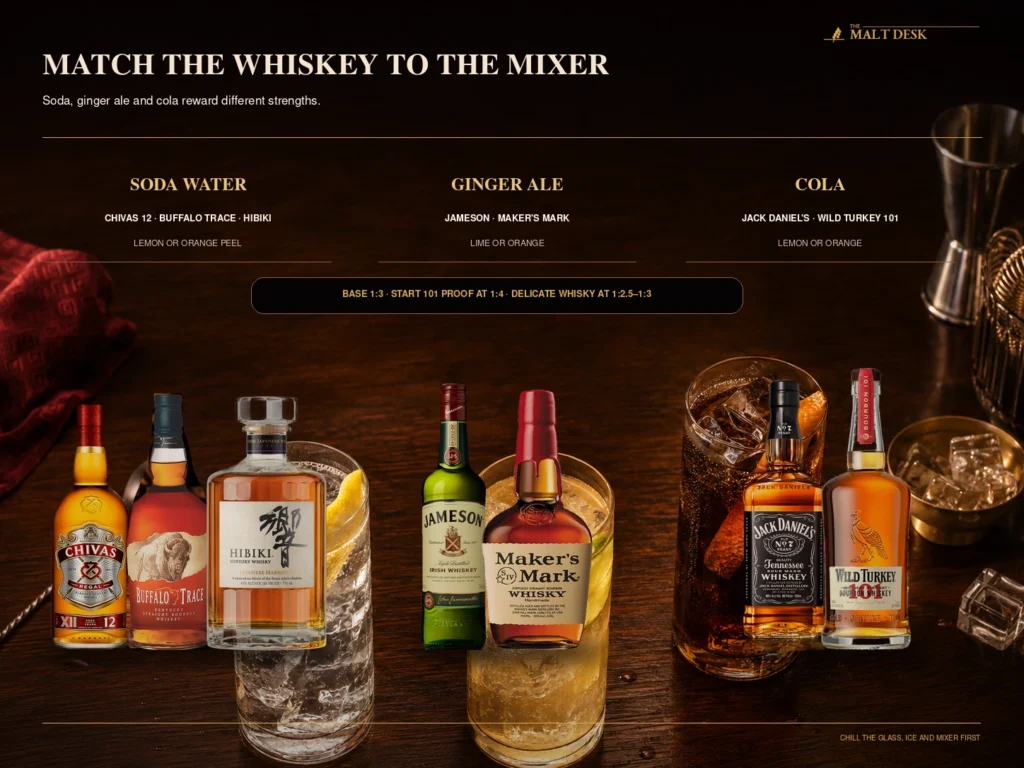 Whiskey highball pairings for soda water, ginger ale and cola