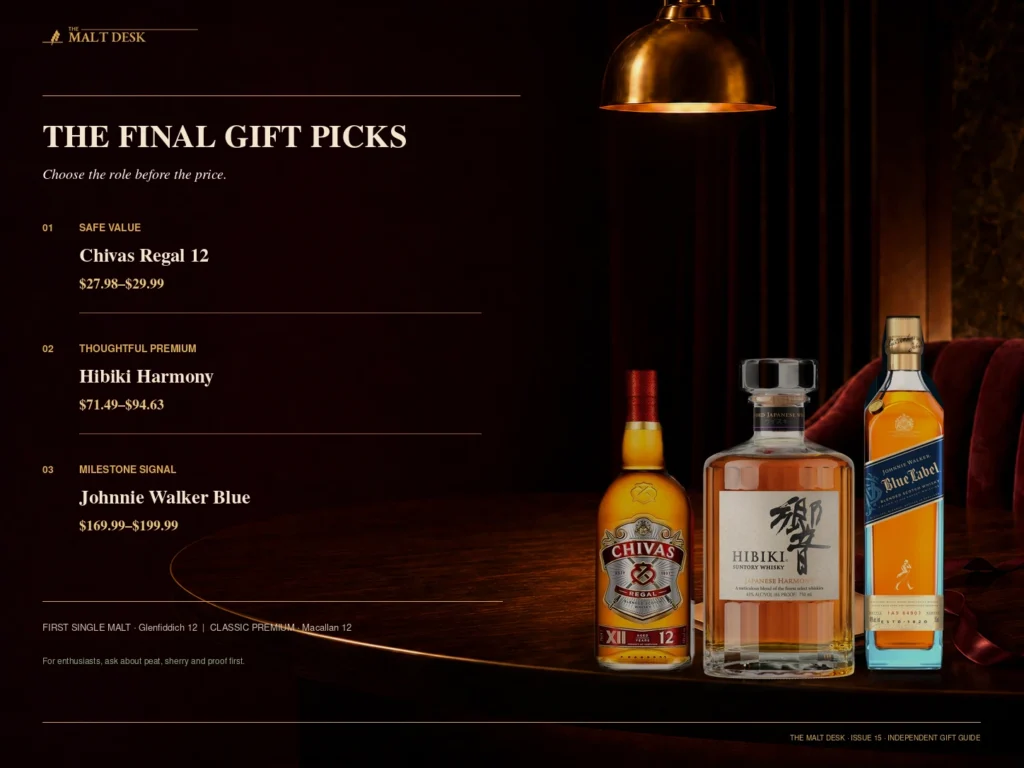 Final whiskey gift picks for Chivas 12, Hibiki Harmony and Blue Label on a round lounge table with a gift card and ribbon