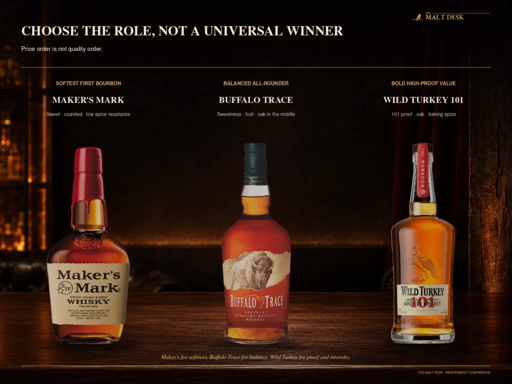 Final bourbon picks for the softest first bottle, balanced all-rounder and bold high-proof value