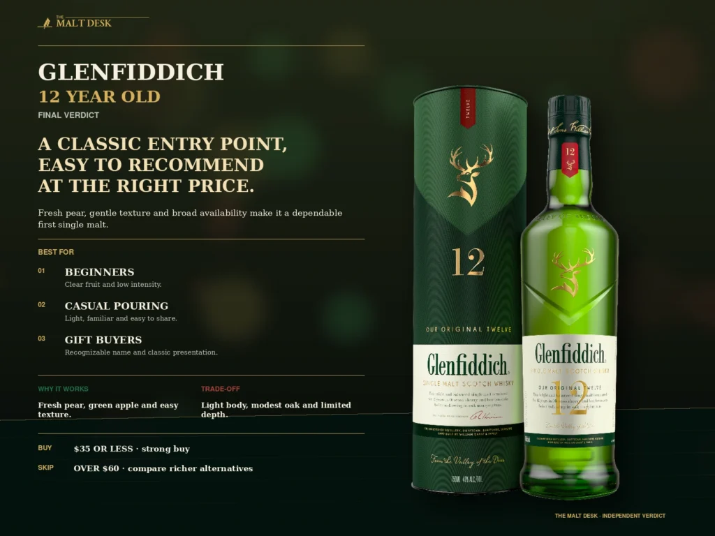 Glenfiddich 12 Year Old final verdict for beginners, casual pours, gift buyers, and price-conscious single malt shoppers.