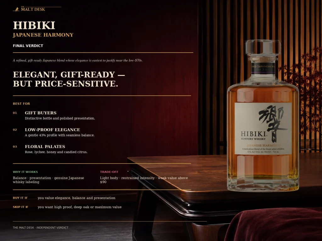 Hibiki Japanese Harmony final verdict for gift buyers low-proof elegance and floral whisky drinkers