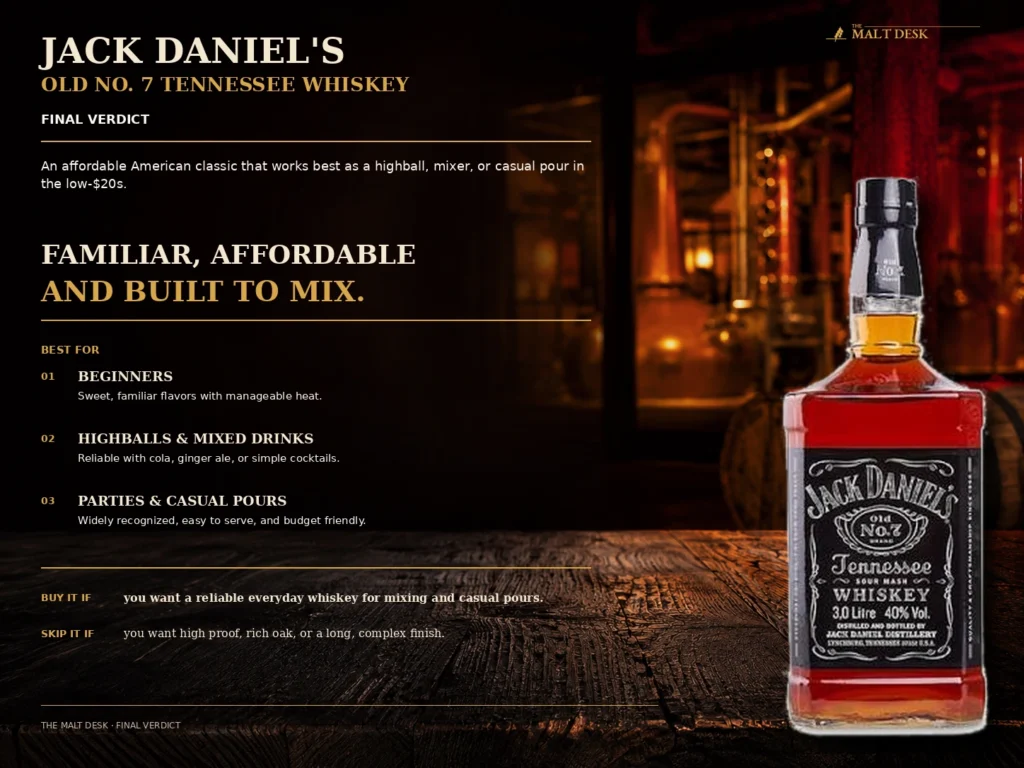 Jack Daniel's Old No. 7 final verdict recommending it for beginners, highballs, mixed drinks, and casual pours