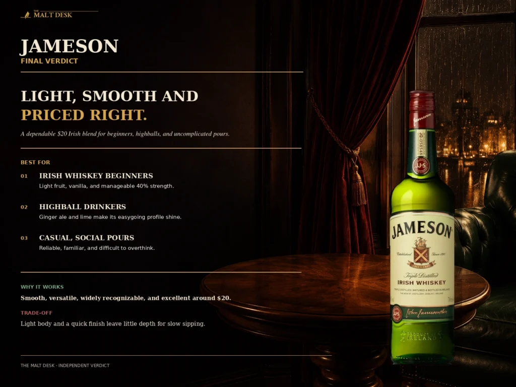 Jameson Irish Whiskey final verdict recommending the $20 blend for beginners, highballs, and casual social pours
