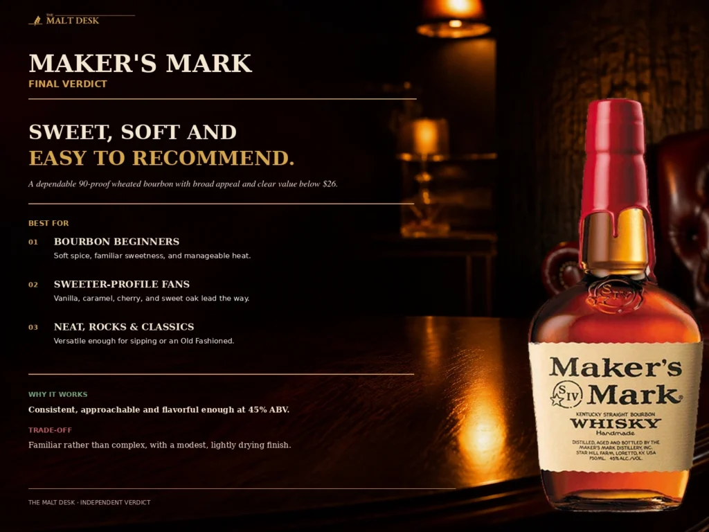 Maker's Mark final verdict recommending it for bourbon beginners, sweeter-profile fans, sipping, rocks, and classic cocktails