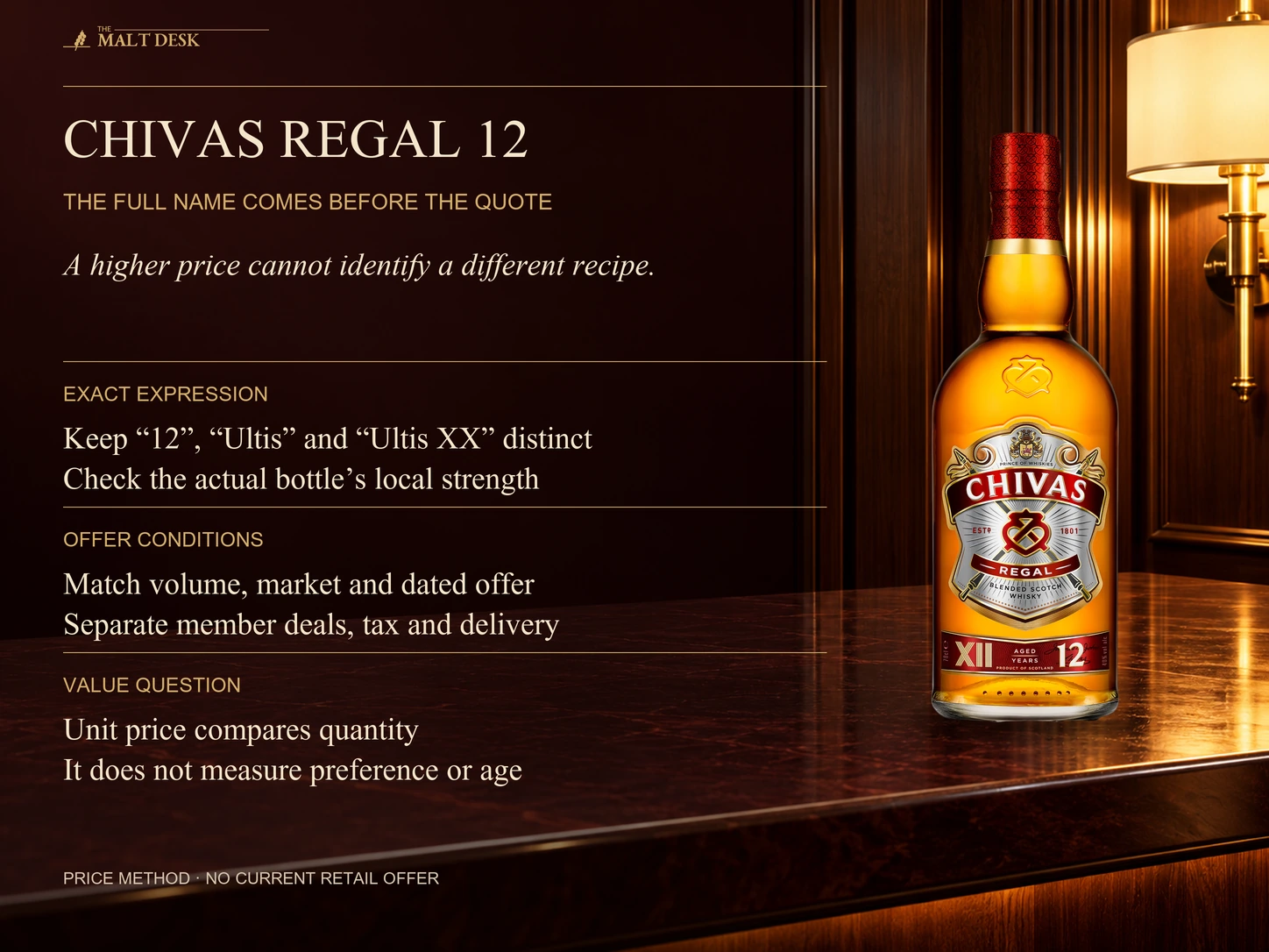Official Chivas Regal 12 bottle with exact-expression checks distinguishing 12, original Ultis and Ultis XX, followed by market, strength, volume, date and total-cost checks; no current retailer quote or fixed buying threshold