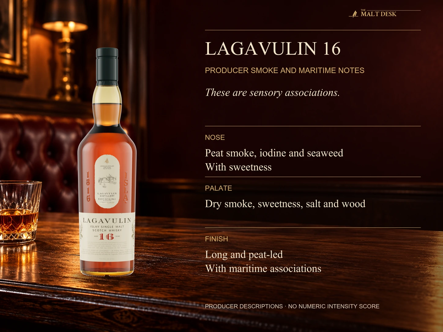 Official Lagavulin 16 bottle with attributed producer nose, palate and finish descriptions including peat smoke, iodine, seaweed, sweetness, salt, wood and a long maritime finish; sensory associations are not an ingredient list or measured intensity score