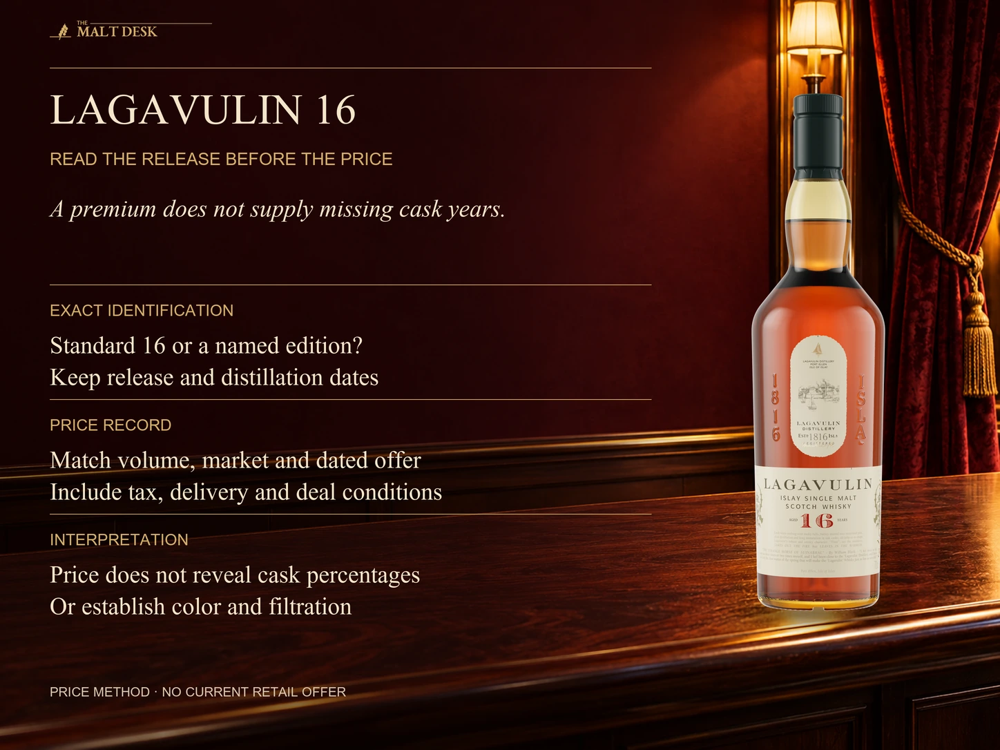 Official standard Lagavulin 16 bottle with exact expression, release and distillation-date identification before comparing volume, market, date and full offer cost; price does not establish missing age, cask proportions, color or filtration