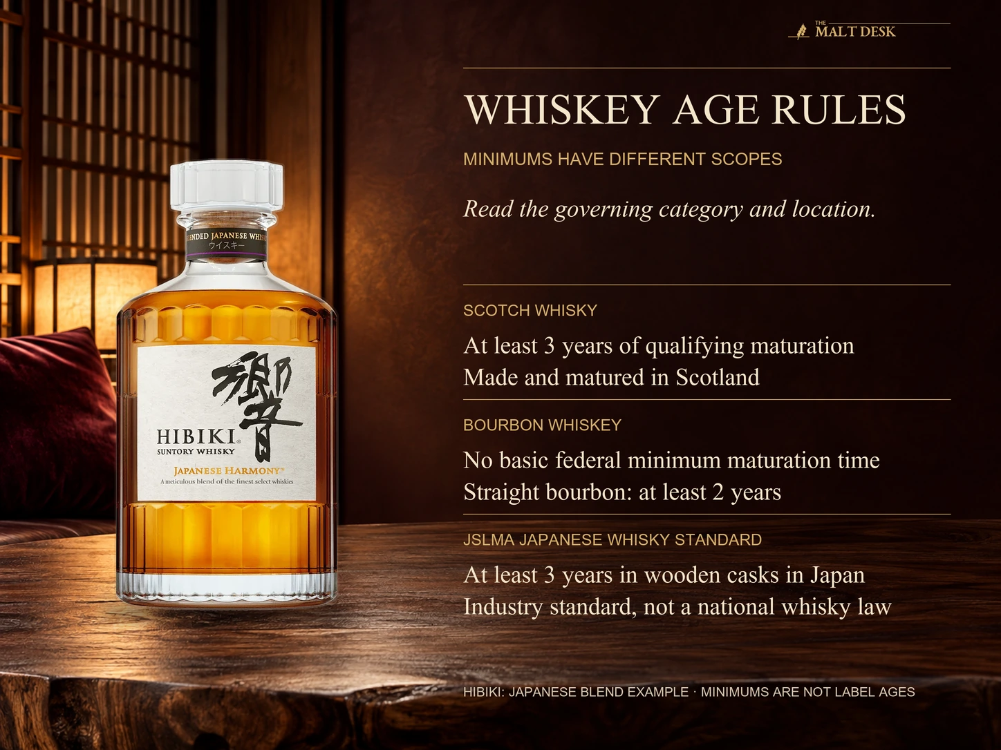 Official Hibiki Japanese Harmony bottle illustrating category-minimum scopes: Scotch requires at least three years, bourbon has no basic federal minimum while straight bourbon requires at least two, and the JSLMA Japanese whisky industry labeling standard requires at least three years in wood in Japan; these category minimums are not Hibiki’s stated age