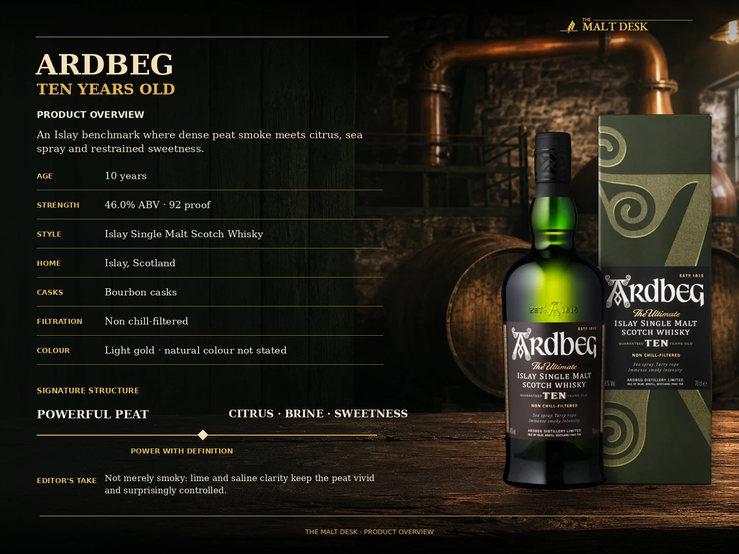 Ardbeg 10 product overview with 46% ABV, bourbon cask maturation and non chill-filtration