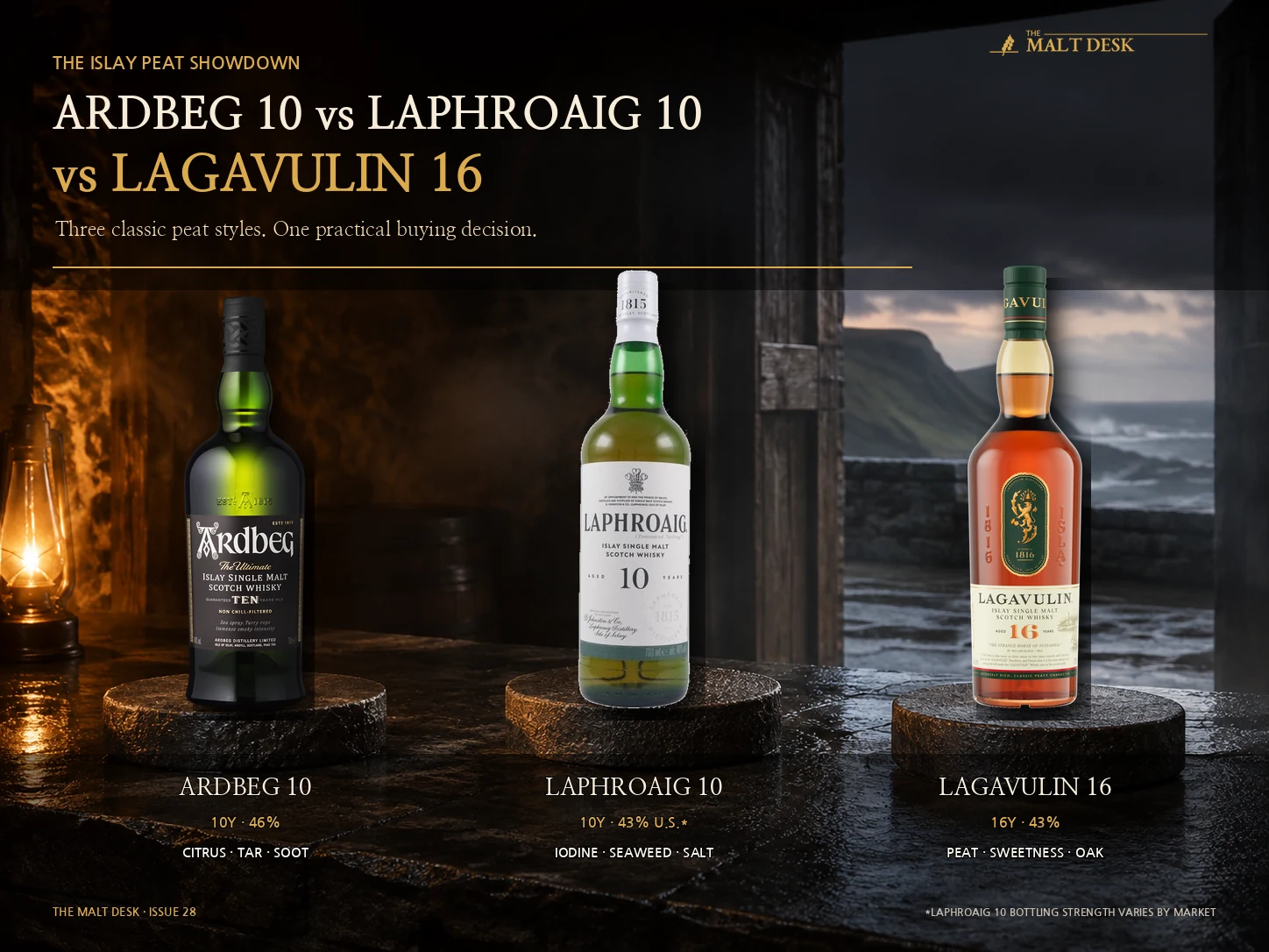 Ardbeg 10 vs Laphroaig 10 vs Lagavulin 16 comparison with age, ABV and core peat flavors