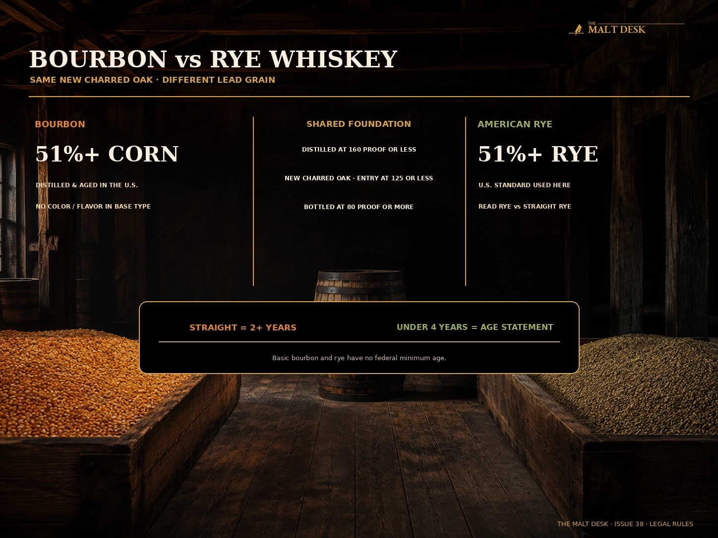 Bourbon vs rye whiskey legal comparison showing 51 percent corn versus 51 percent rye and their shared new charred oak rules