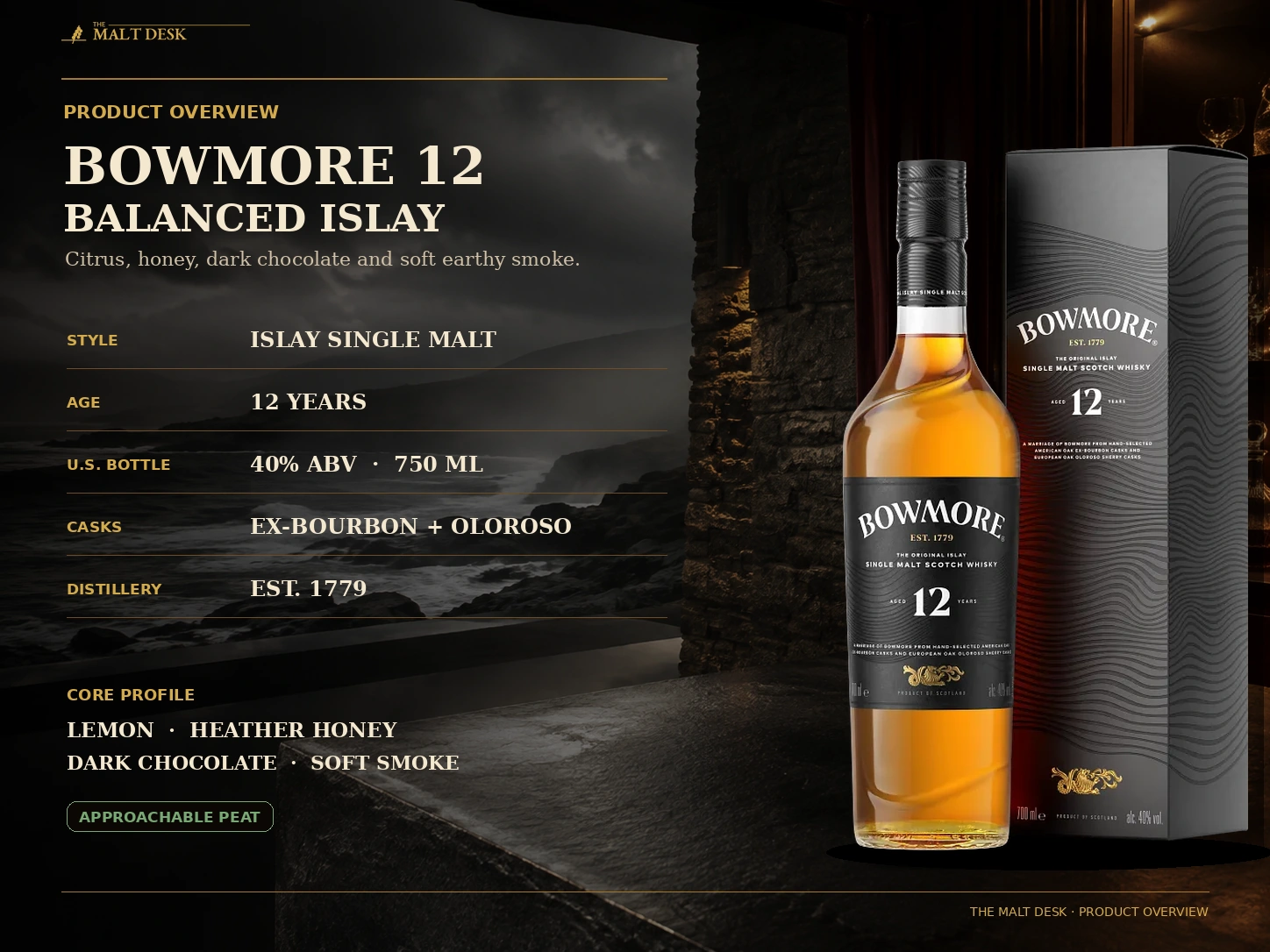 Bowmore 12 product overview with 12 year age statement, 40 percent ABV, Islay origin and bourbon plus Oloroso cask maturation