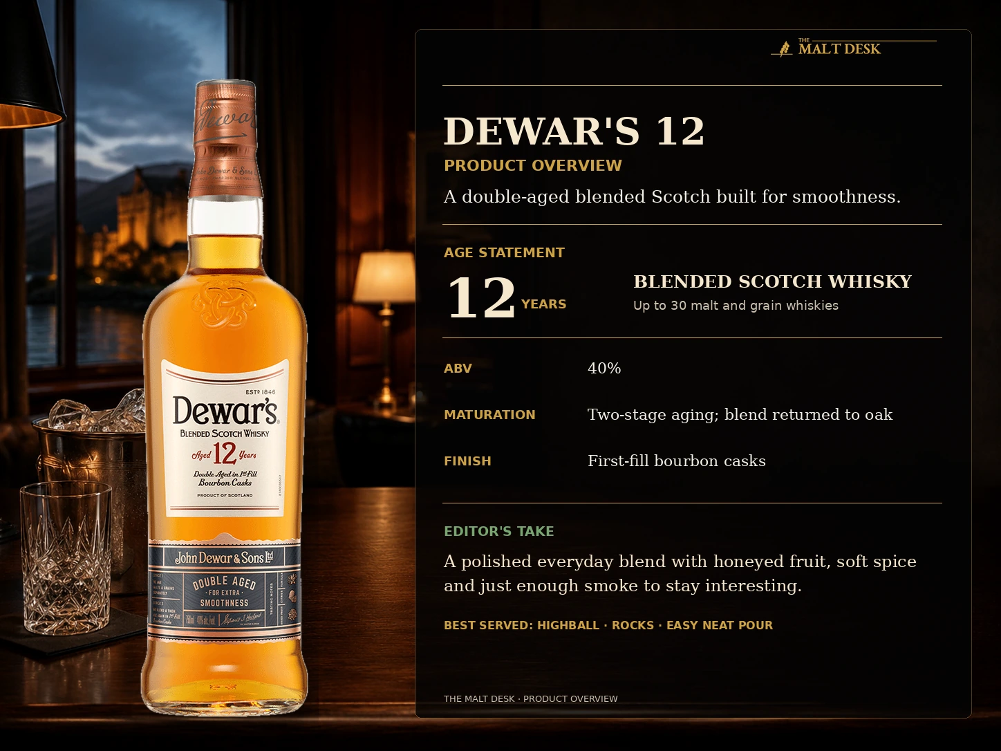 Dewar's 12 blended Scotch product overview with age, ABV, maturation and editor summary