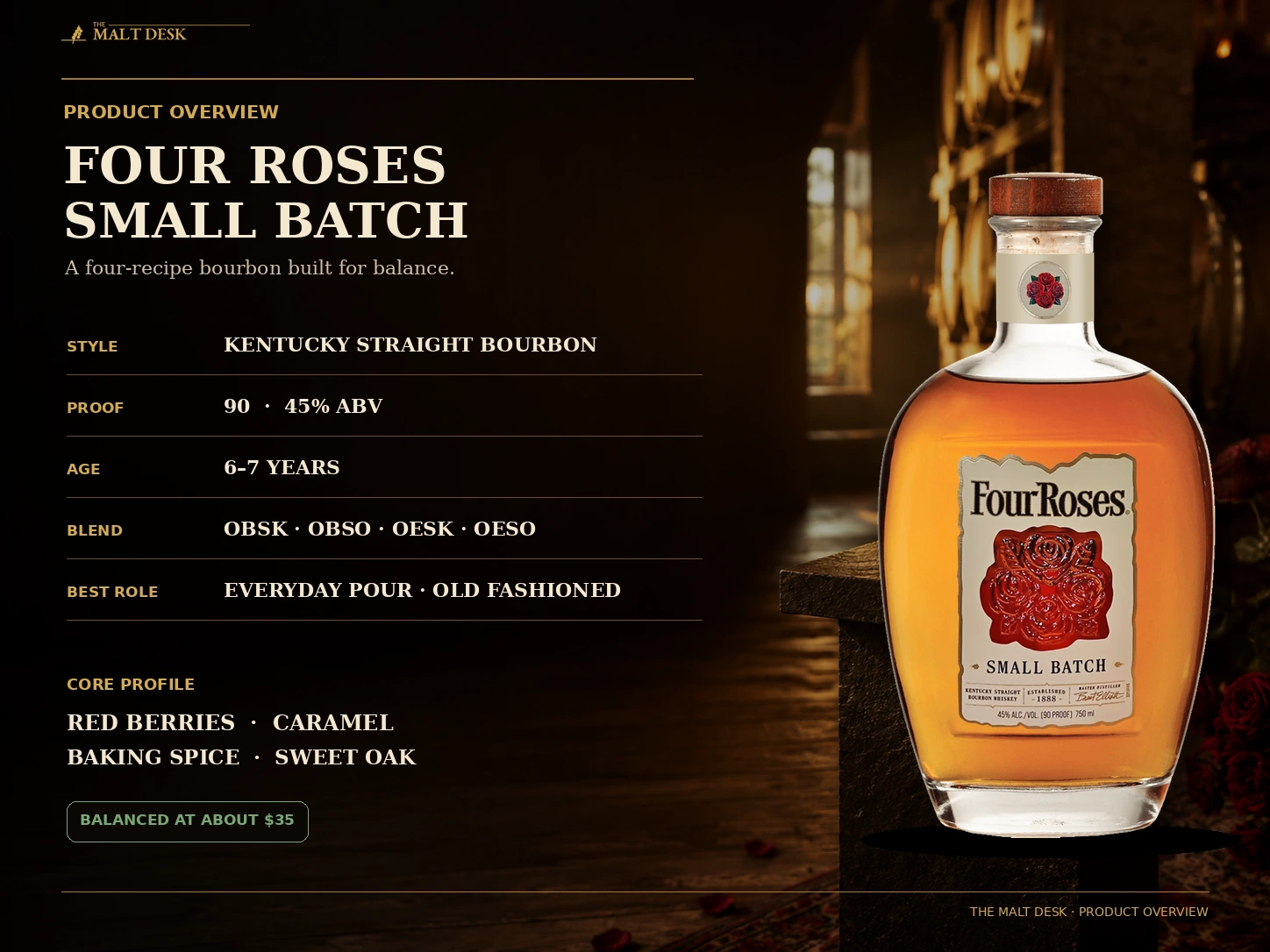Four Roses Small Batch product overview with 90 proof six to seven year age and four bourbon recipes