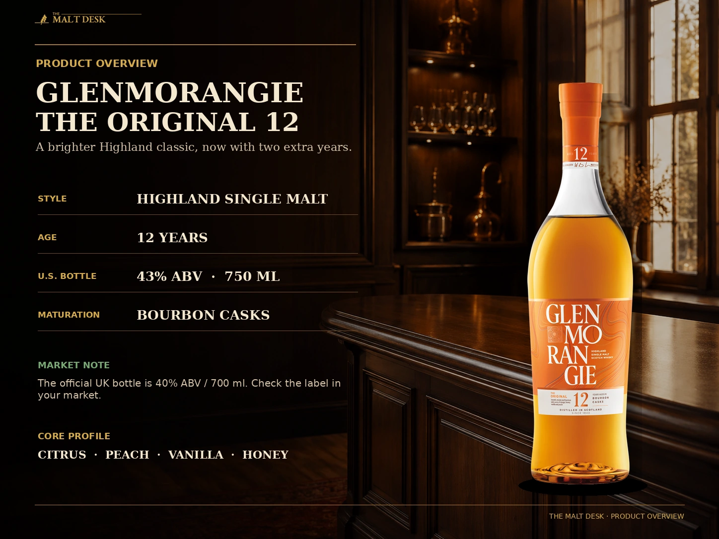 Glenmorangie Original 12 product overview with age, U.S. ABV and bourbon cask details
