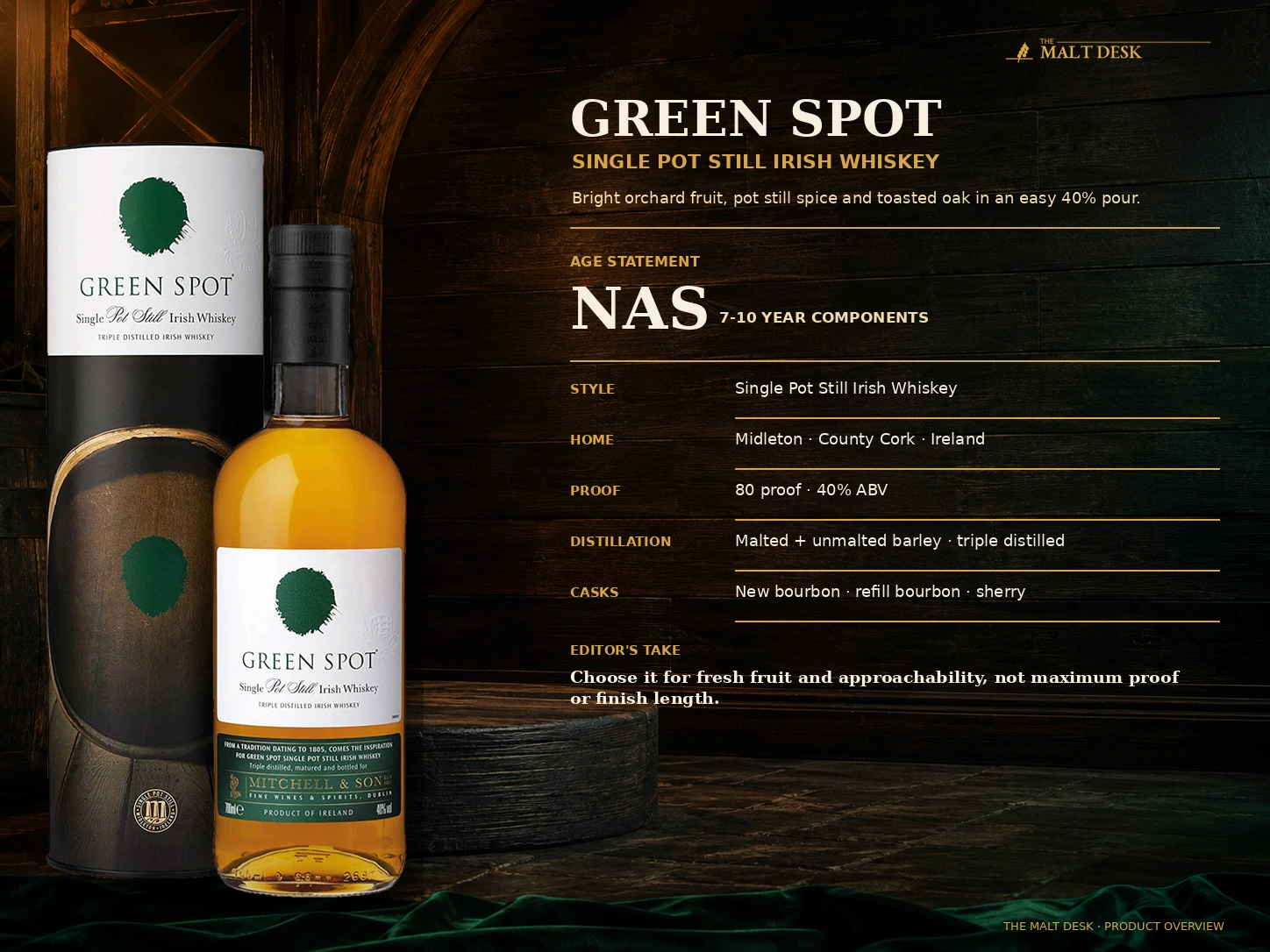 Green Spot product overview with single pot still style, 40% ABV, 7-to-10-year component whiskey and bourbon-and-sherry maturation