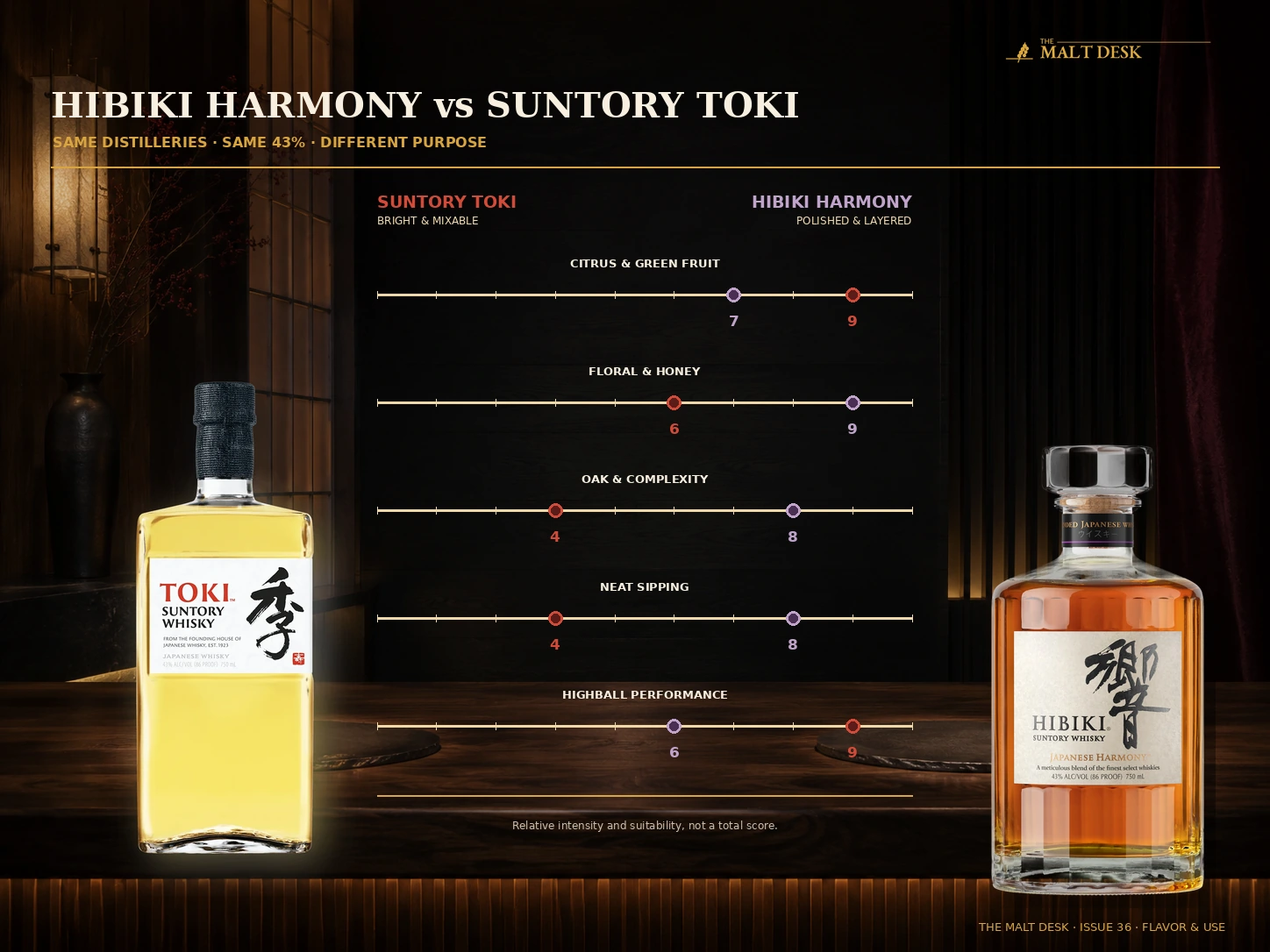Hibiki Harmony vs Suntory Toki comparison across citrus and green fruit, floral honey character, oak complexity, neat sipping and highball performance