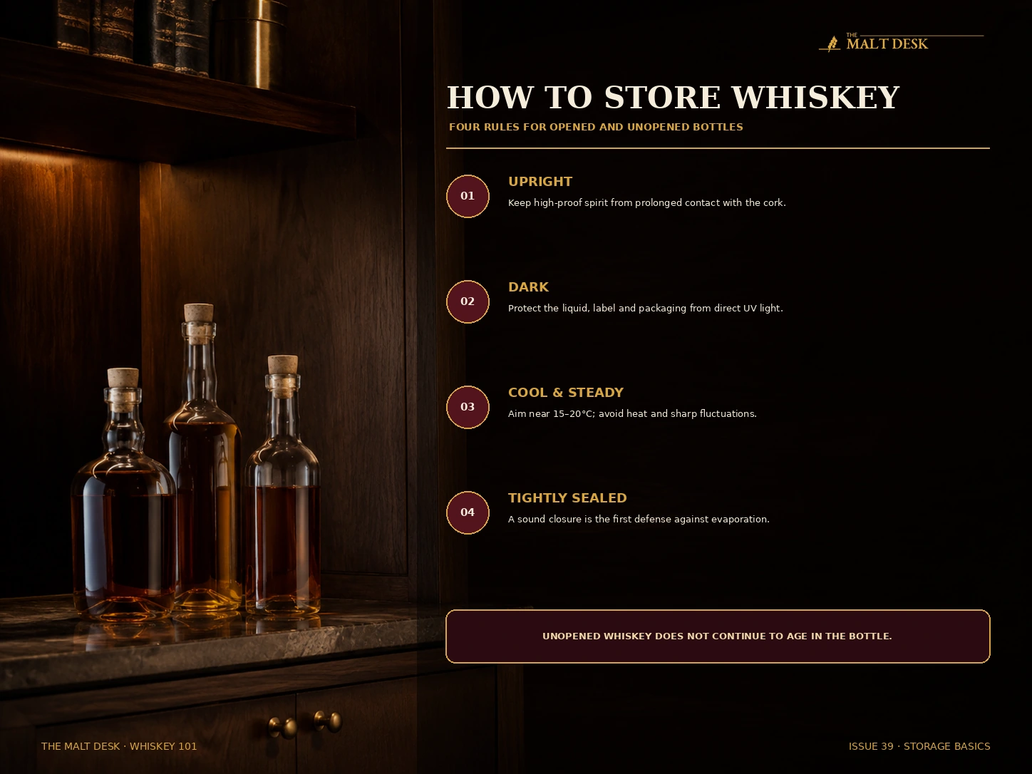 How to store whiskey upright in a dark cabinet at a cool stable temperature with a tight seal