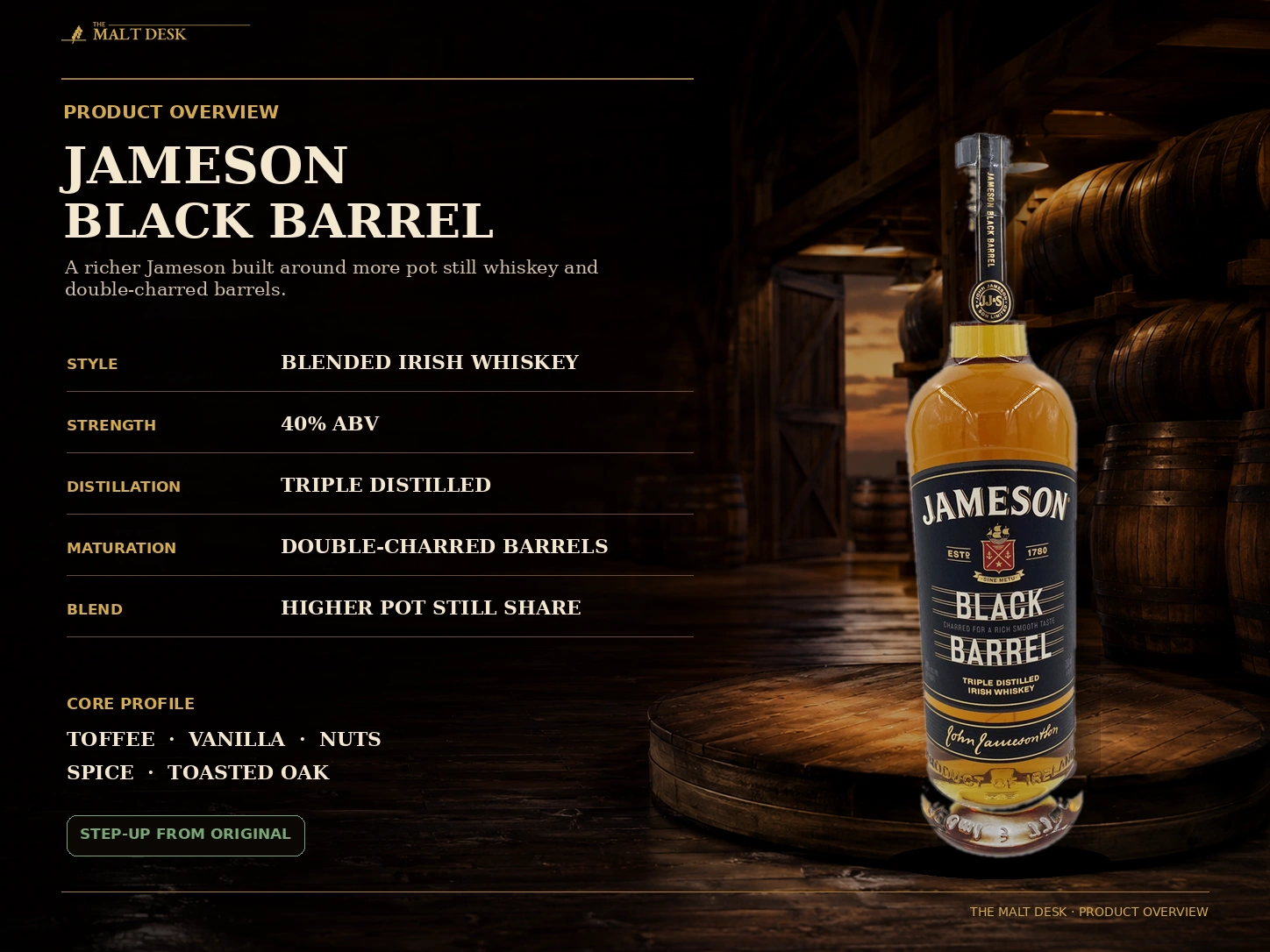 Jameson Black Barrel product overview with 40 percent ABV triple distillation higher pot still share and double-charred barrels