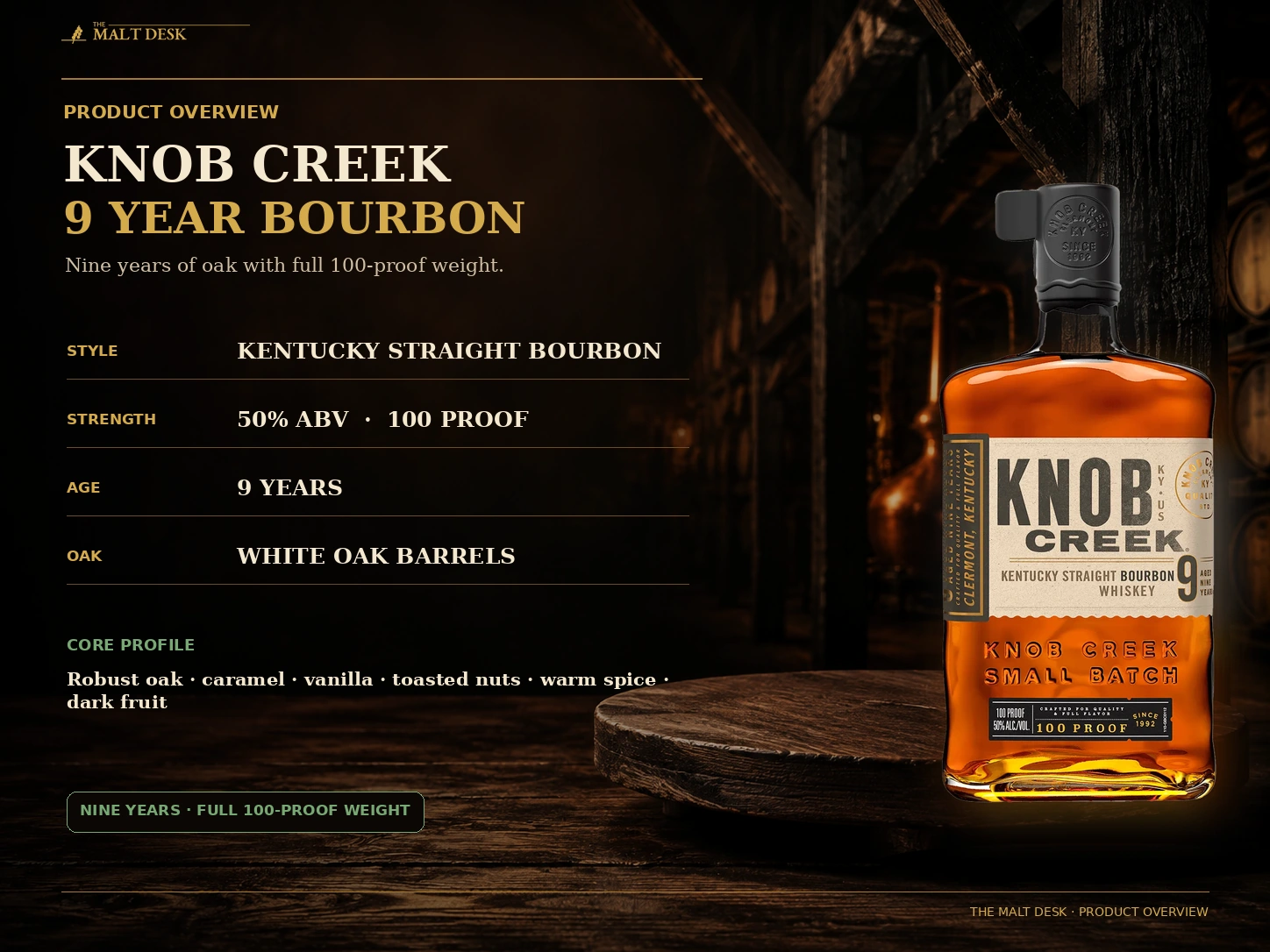Knob Creek 9 bourbon product overview with nine-year age statement 100 proof and white oak maturation