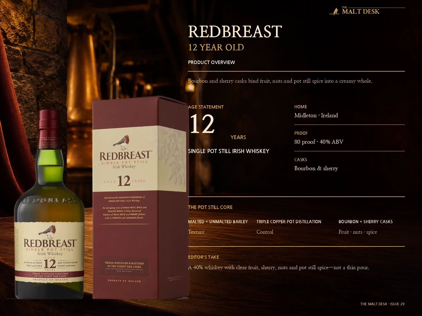 Redbreast 12 product overview with 12-year age statement, 40% ABV, single pot still style and bourbon-and-sherry maturation