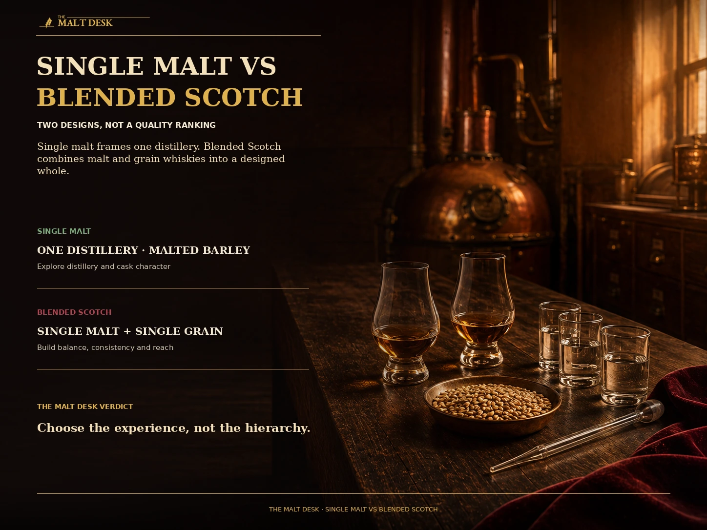 Single malt and blended Scotch compared by production structure and intended drinking experience