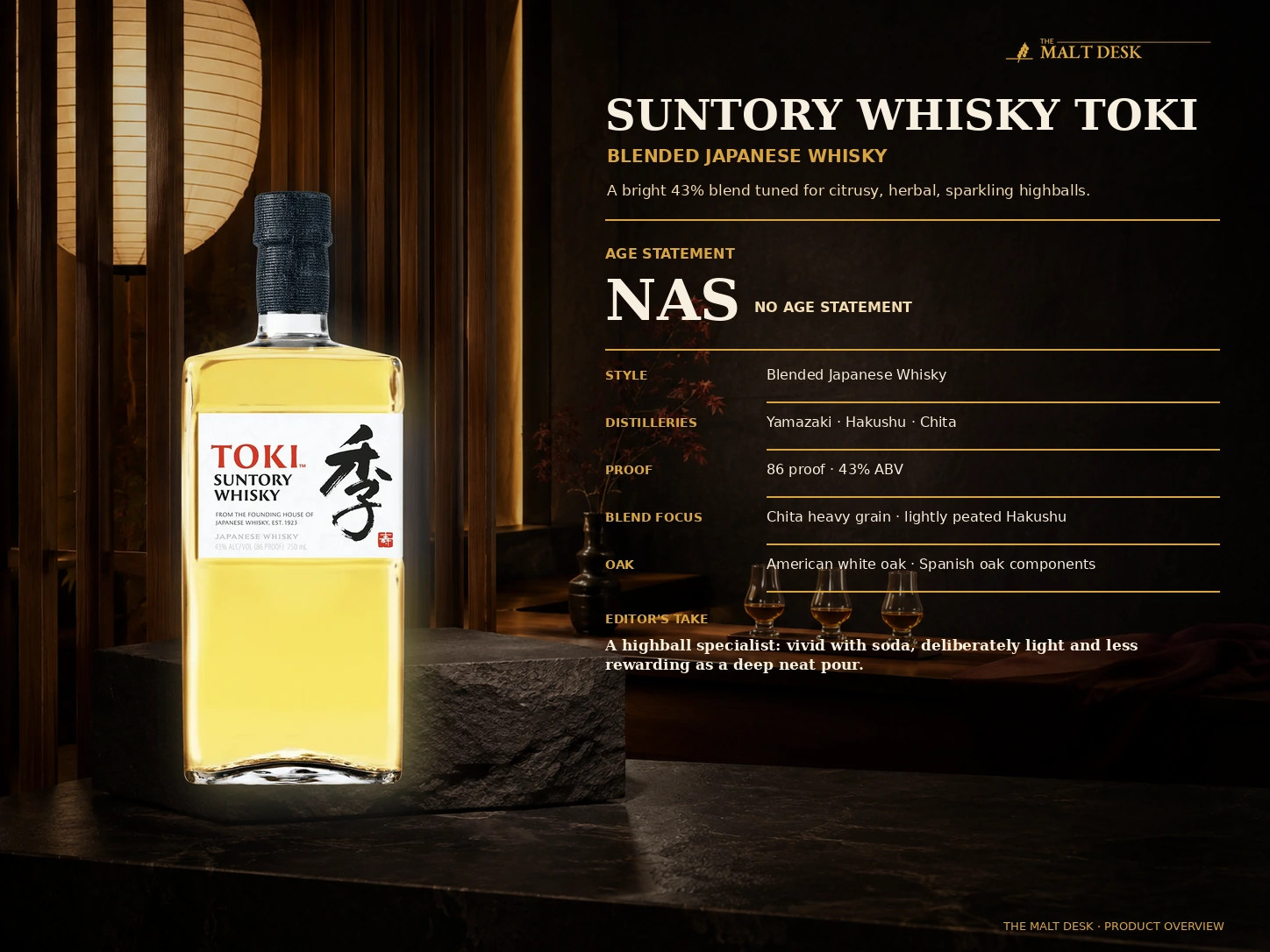 Suntory Whisky Toki product overview with 43 percent ABV, no age statement and Yamazaki Hakushu Chita blend details