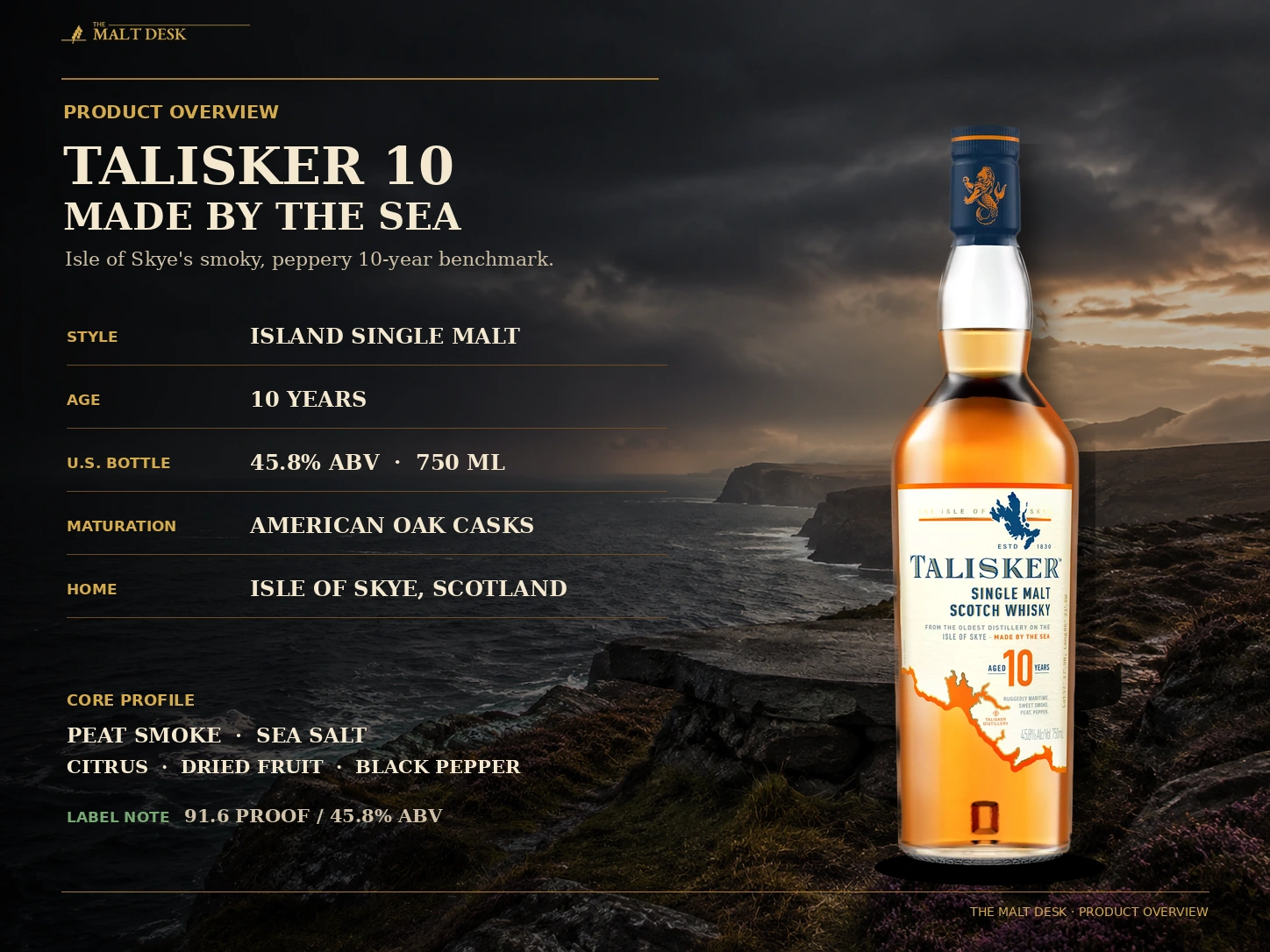 Talisker 10 product overview with age statement, 45.8 percent ABV, American oak maturation and Isle of Skye origin