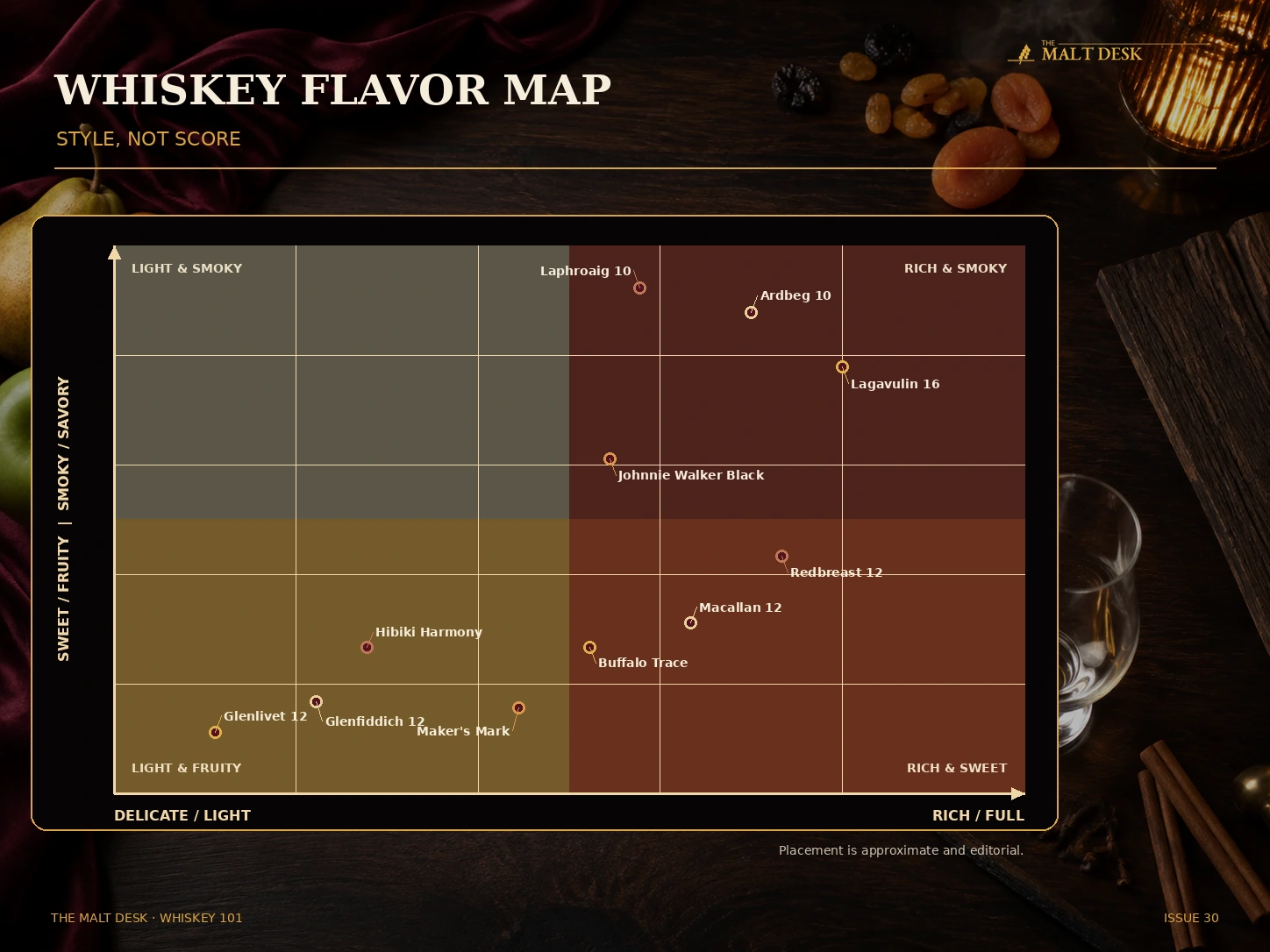 Whiskey flavor map positioning popular bottles from delicate and fruity to rich, sweet and smoky