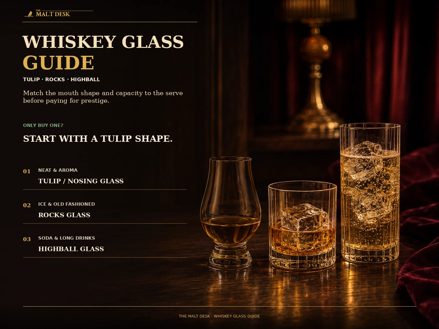 Tulip-shaped whiskey glass, rocks glass and highball glass matched to neat pours, ice and soda