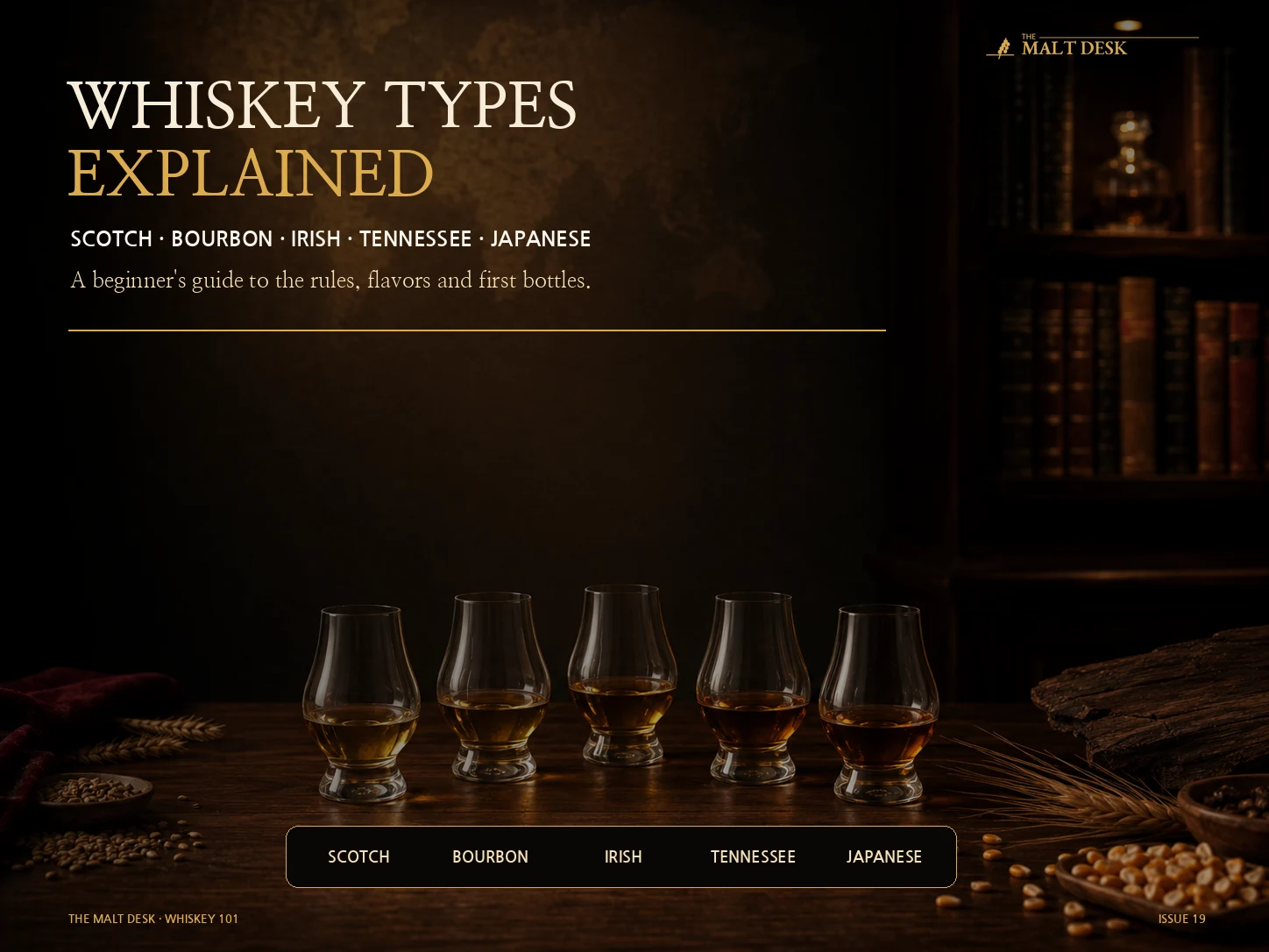 Five tasting glasses representing Scotch, bourbon, Irish, Tennessee and Japanese whiskey styles