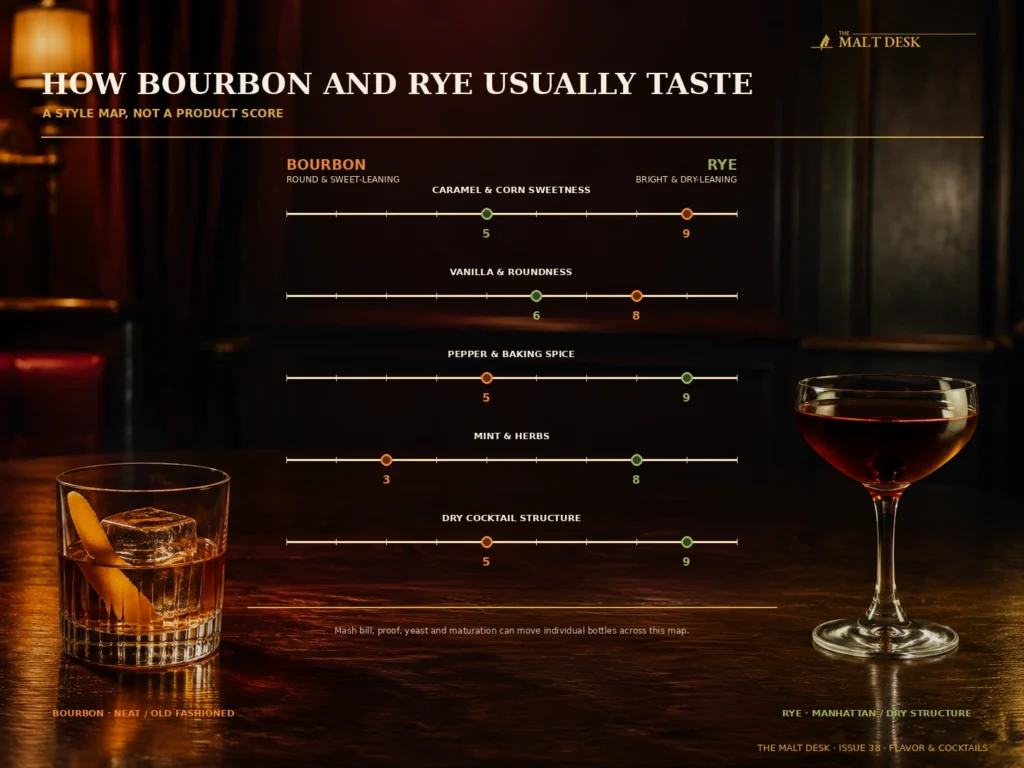 Bourbon vs rye flavor comparison across caramel sweetness vanilla roundness pepper herbs and dry cocktail structure