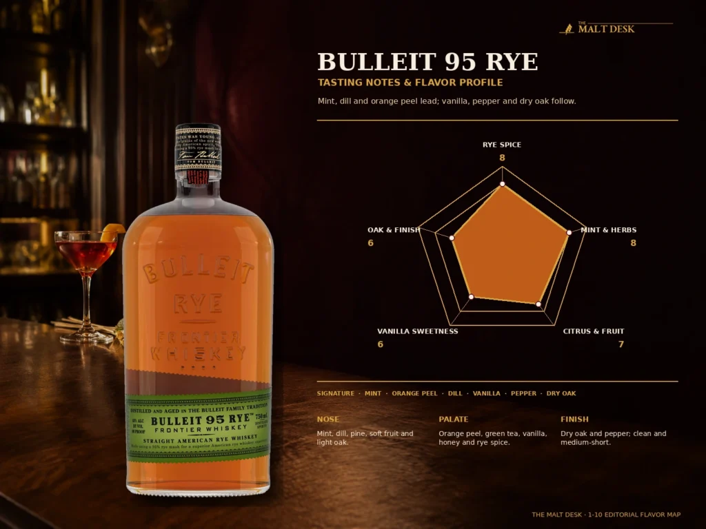 Bulleit 95 Rye tasting notes and one to ten flavor map for rye spice mint herbs citrus vanilla sweetness and dry oak