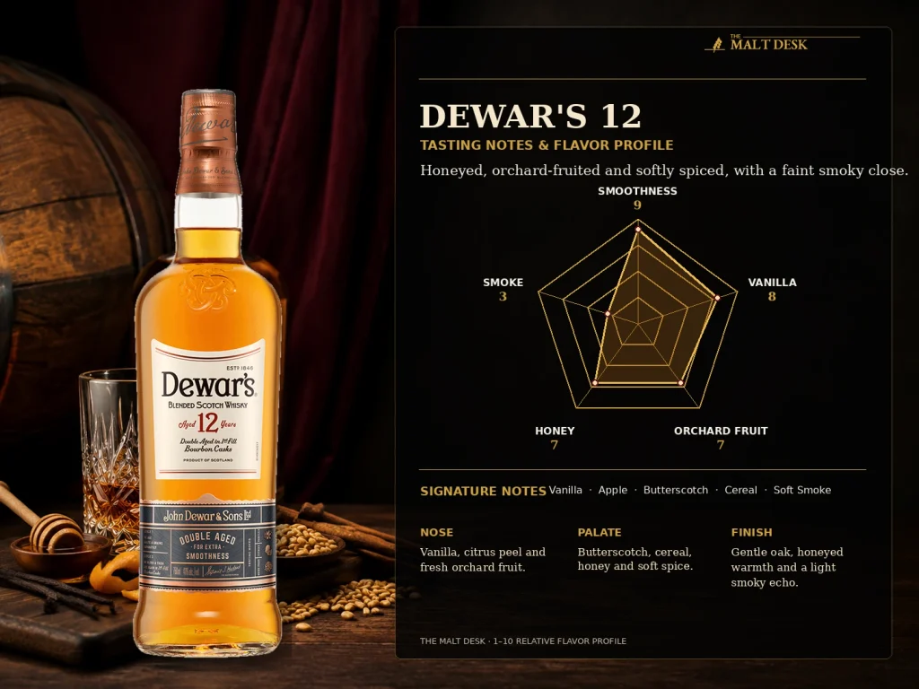Dewar's 12 tasting notes infographic with vanilla, honey, orchard fruit and soft smoke