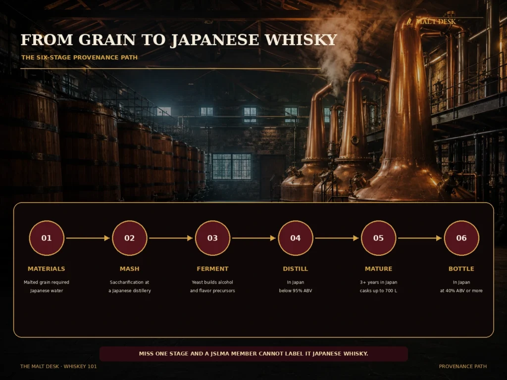 How Japanese whisky is made through materials, mashing, fermentation, distillation, maturation and bottling in Japan