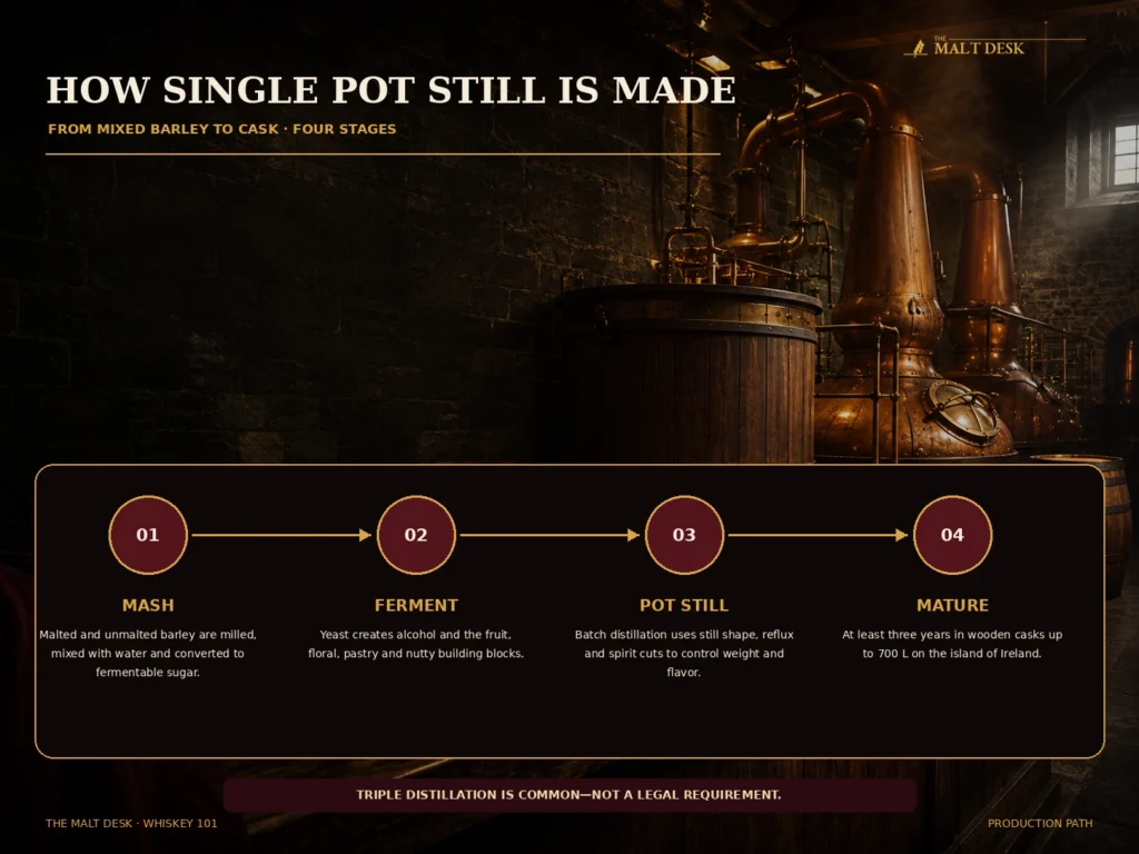 How single pot still Irish whiskey is made through mashing, fermentation, pot still distillation and maturation