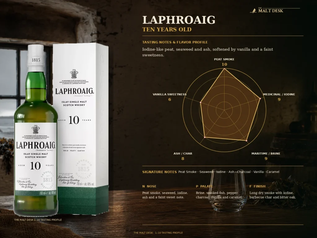 Laphroaig 10 flavor profile for peat smoke, medicinal iodine, brine, ash and vanilla sweetness